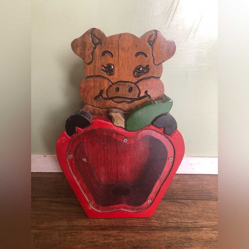 Vintage Pig Apple Piggy Bank Wood Money Coin Box, Kids Country Farm Animal 10.5”